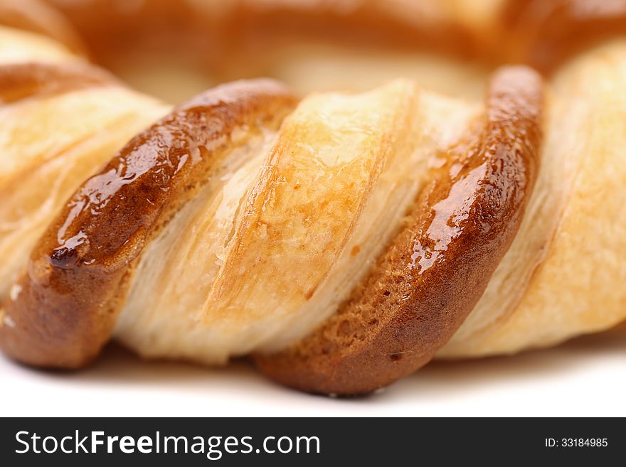 Freshly fancy pretzel baked. Close up. White background. Freshly fancy pretzel baked. Close up. White background.