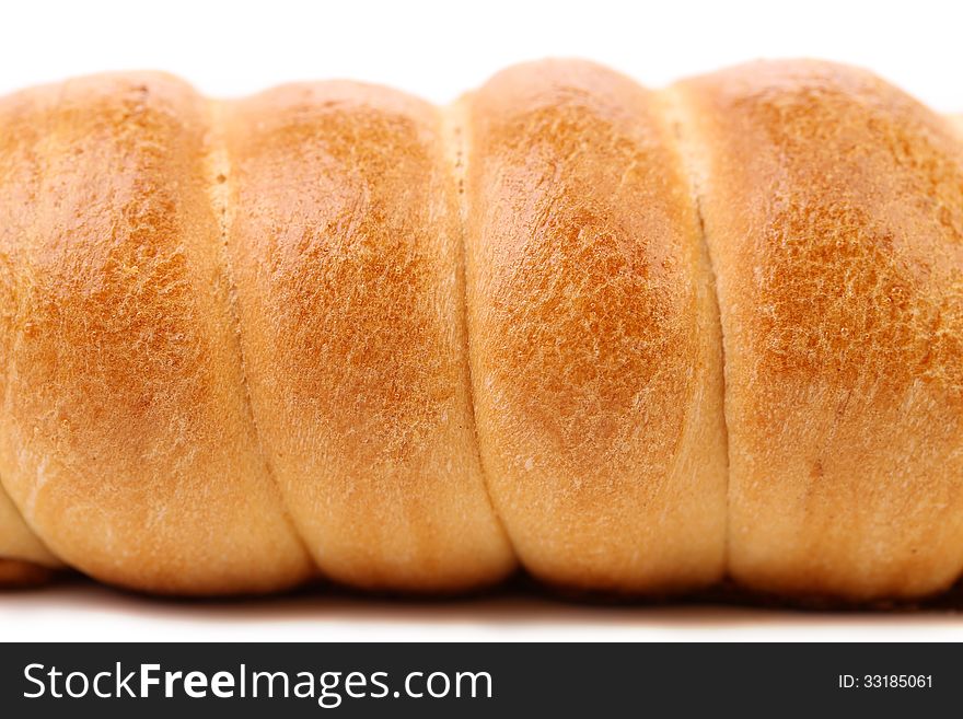 Baked hot dog. Close up. White background. Baked hot dog. Close up. White background.