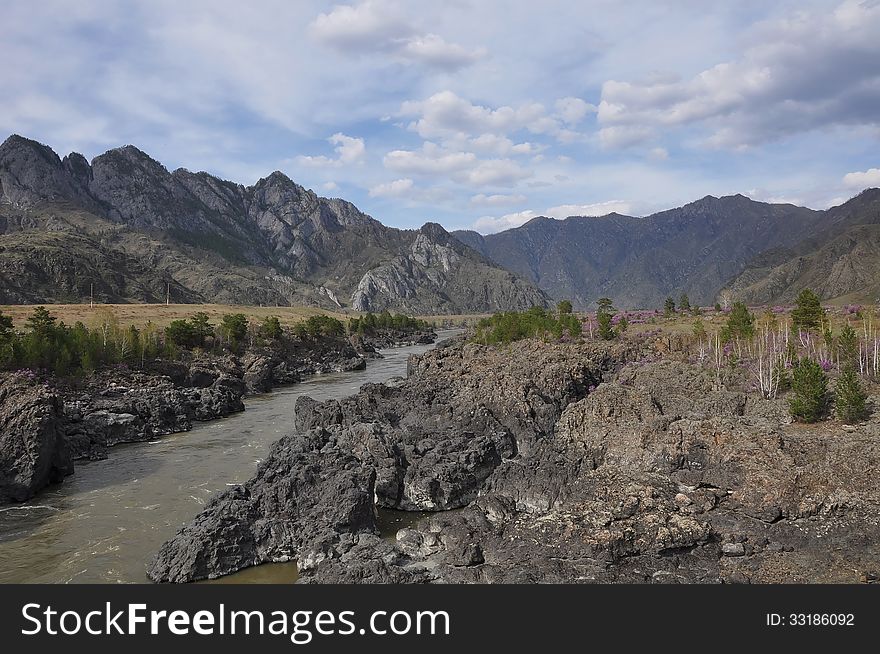 Mountain Landscape River Dark Cliffs