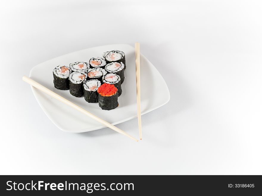 Sushi menu and chopsticks, traditional food in Japan and Asia