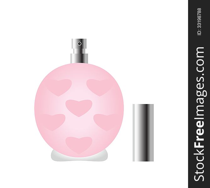 Perfume. Pink perfume bottle, heart background.