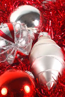 Christmas Balls On Red Tinsel Stock Image Christmas Balls On Red Tinsel Stock Image
