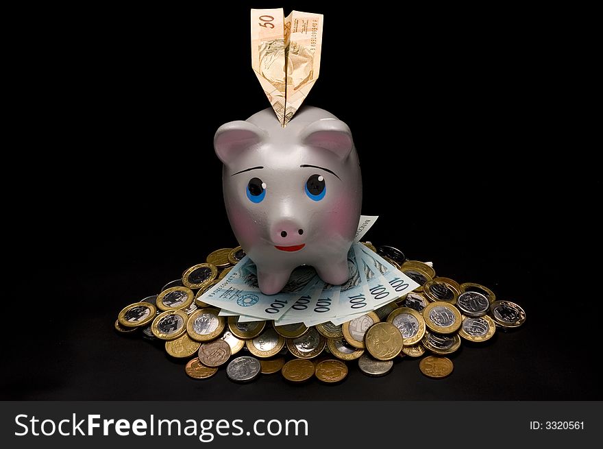 Piggy Bank with money and coins on the black backgound