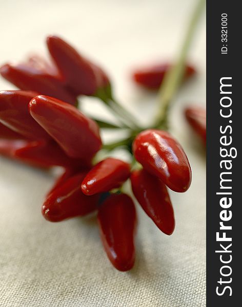 Close up of red hot peppers on tablecloth