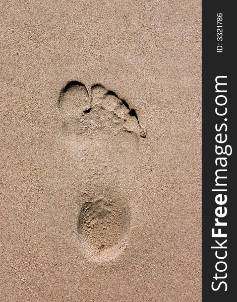 Single footprint on the beach sand with copy space