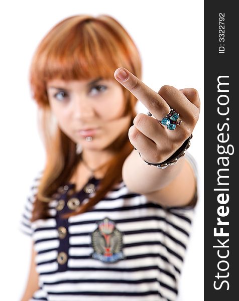 Young girl showing bad fingersign. Isolate on white.
