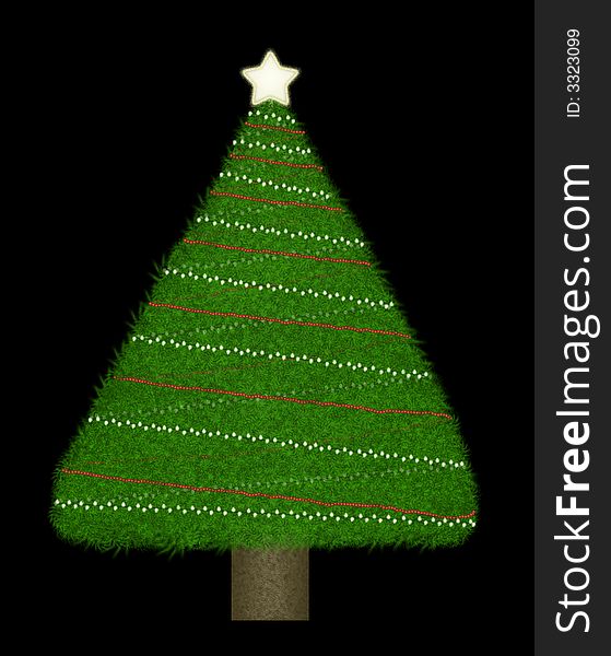 Triangular shaped Christmas tree of varying shades of green with a brown trunk.  Simple decorations of lights and red bead garland on a black background. Triangular shaped Christmas tree of varying shades of green with a brown trunk.  Simple decorations of lights and red bead garland on a black background.