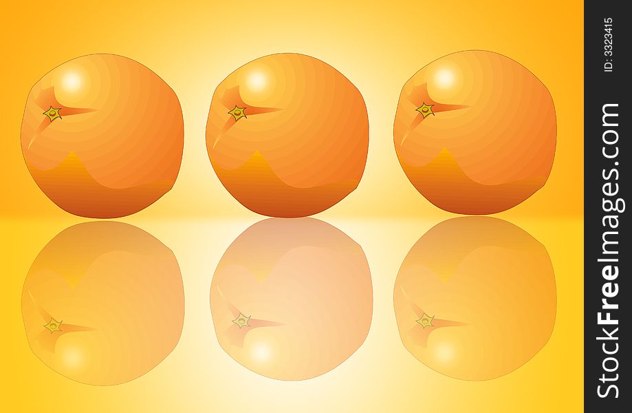 three oranges on orange background with shadow