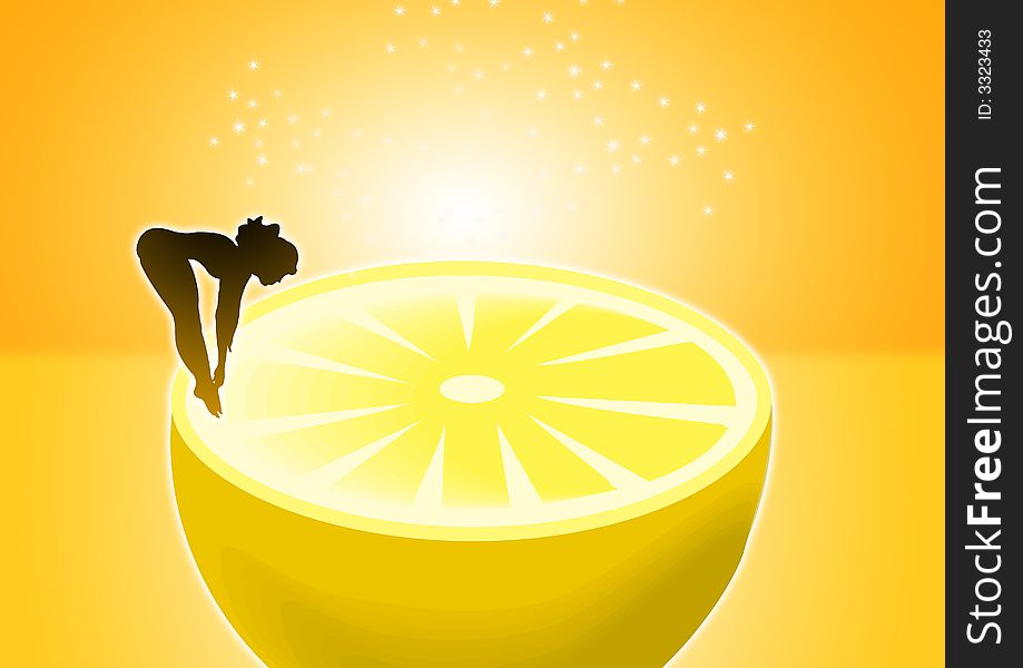 Lemon cut in half on white background with women diving. Lemon cut in half on white background with women diving