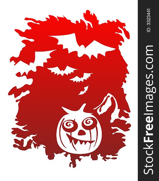 White pumpkin silhouette and bats on a red grunge background. White pumpkin silhouette and bats on a red grunge background.