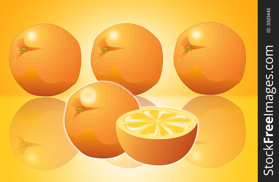 Three oranges on orange background with shadow