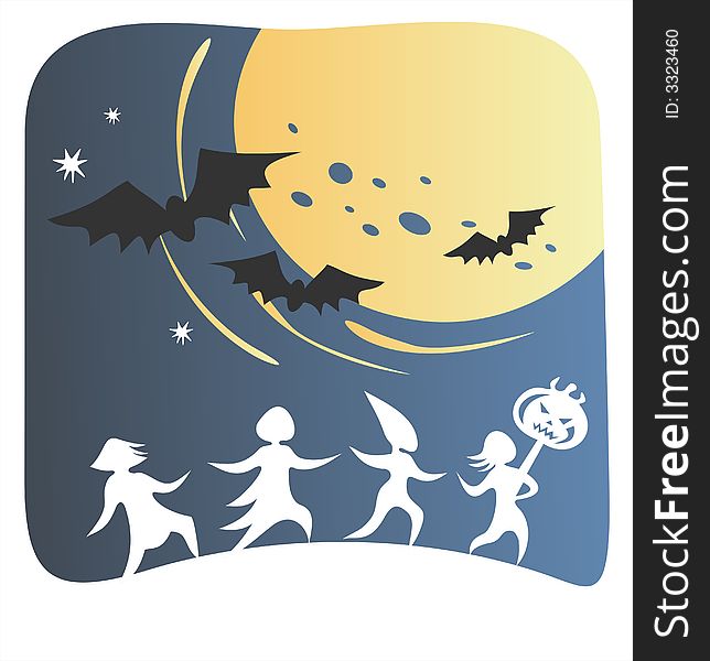 Four white mystical silhouettes and pumpkin on a stick on a background of the night sky, the moon and bats.