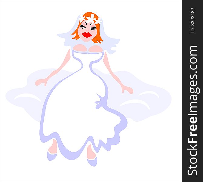 The happy bride in a wedding dress sits on a cloud. The happy bride in a wedding dress sits on a cloud.