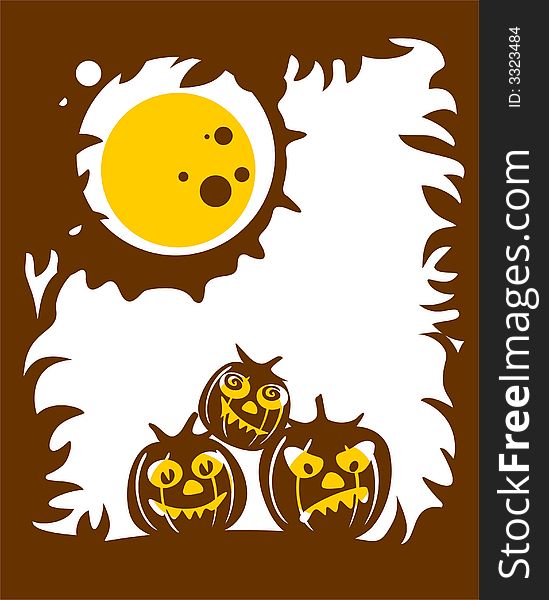 The brown stylized background with three pumpkins and the moon. The brown stylized background with three pumpkins and the moon