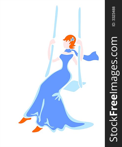 The girl in a blue dress and a scarf shakes on a swing. The girl in a blue dress and a scarf shakes on a swing.