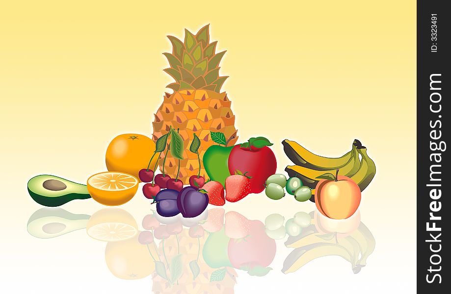 Lots of various fresh fruits isolated on color ground. Lots of various fresh fruits isolated on color ground