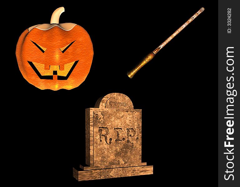 Halloween pack with a witch broom, a jack-o-lantern and a grave. Halloween pack with a witch broom, a jack-o-lantern and a grave.