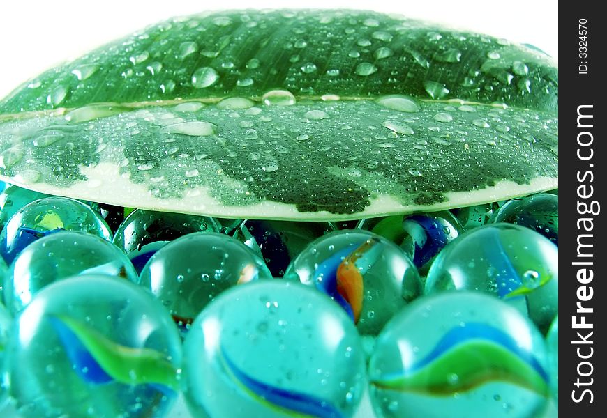 Composition from nature series: wet green leaf on glass balls