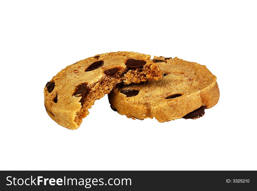 Two chocolate chip cookies partially eaten.