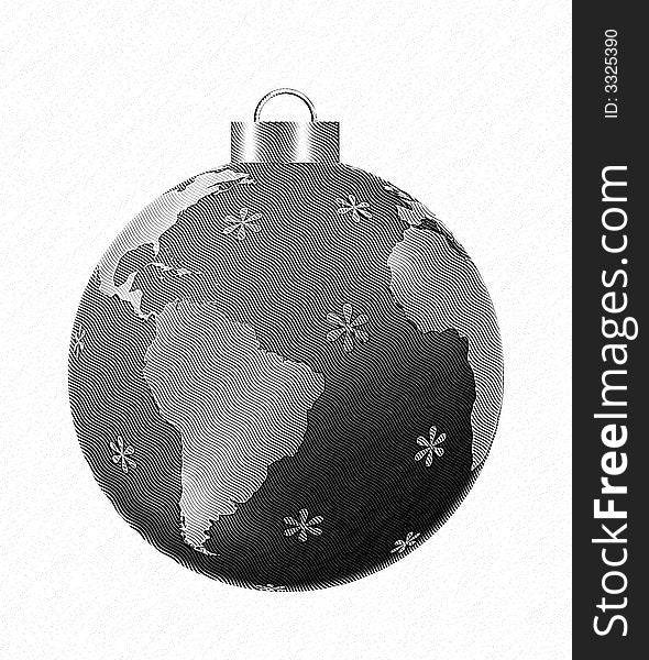 Black and white christmas ball world map in wood cut style. Black and white christmas ball world map in wood cut style