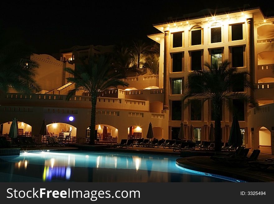 Swimming pool at night in Egypt.