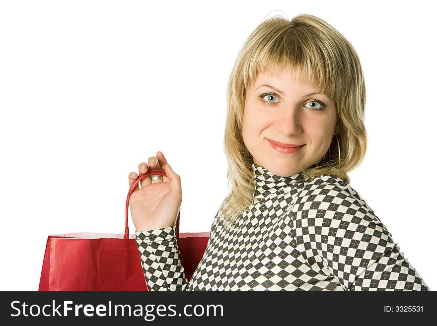Shopping woman with colored package isolated over white background