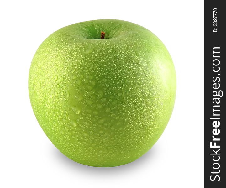 Green apple sprinkled with water isolated on white background