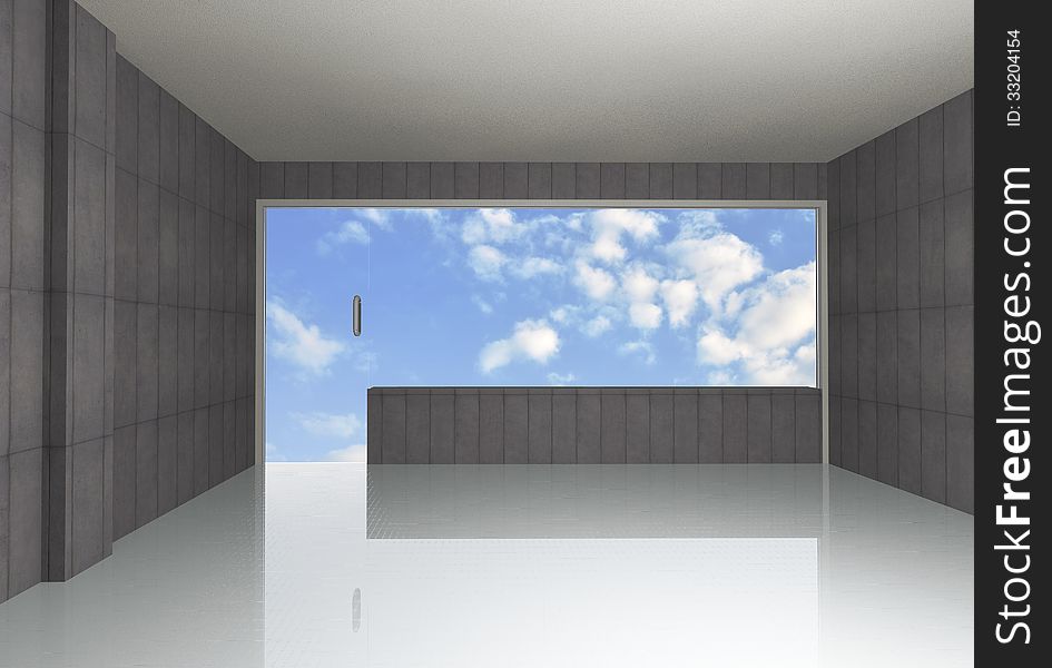 Empty bare concrete room , blue sky background