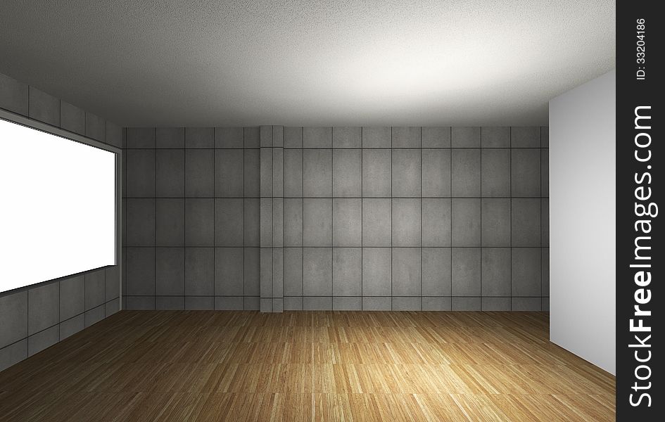 3D rendered of empty interior with bare concrete wall and wood floor