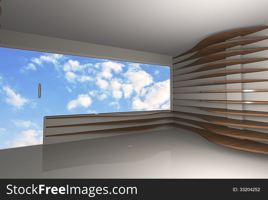 3D rendered of abstract interior with curve wood shelfs with blue sky background. 3D rendered of abstract interior with curve wood shelfs with blue sky background