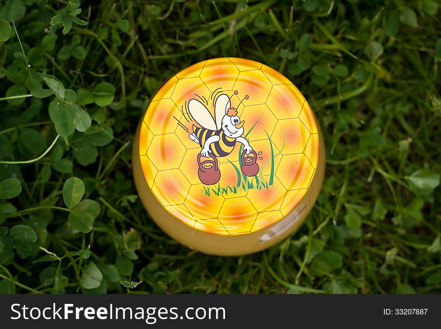 Nice gift jar of honey on grass background