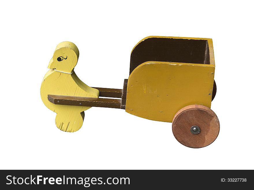 Old fashioned handmade wooden duck and trailer on a white background with path included. Old fashioned handmade wooden duck and trailer on a white background with path included