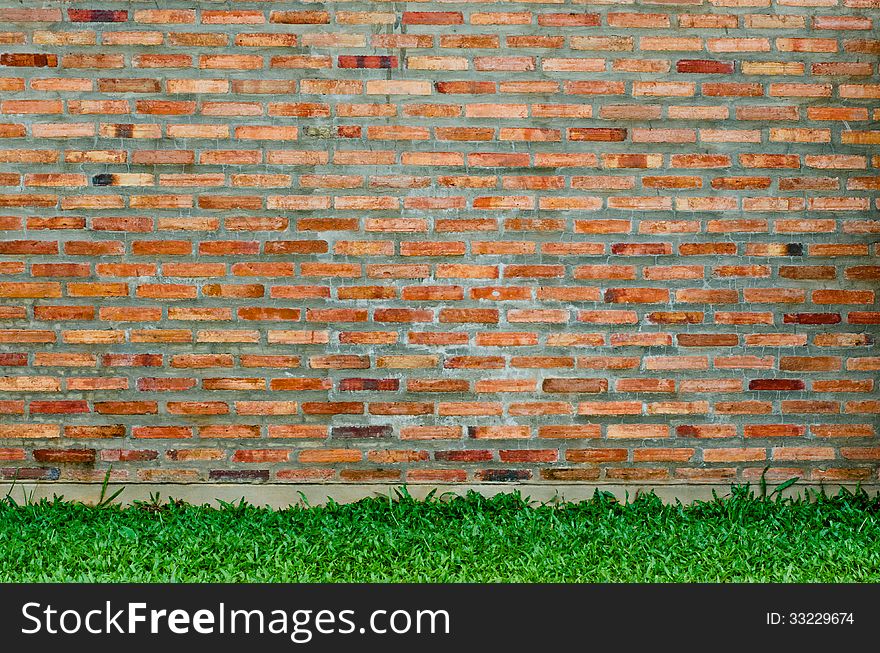 Background brick wall and grass