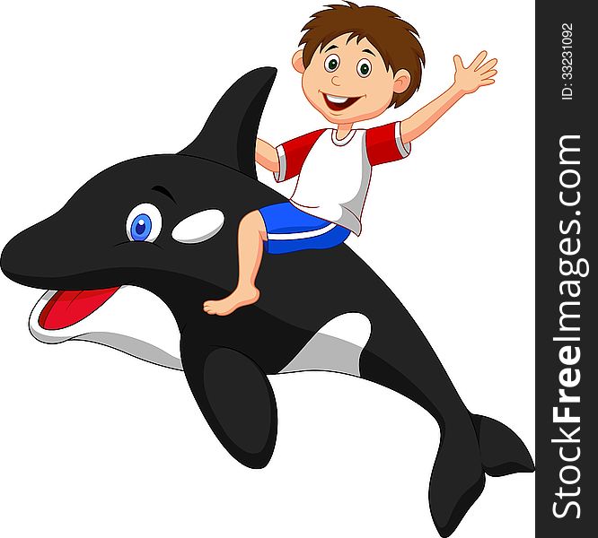 Illustration of Boy cartoon riding orca
