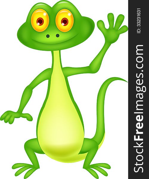 Cute green lizard cartoon waving hand