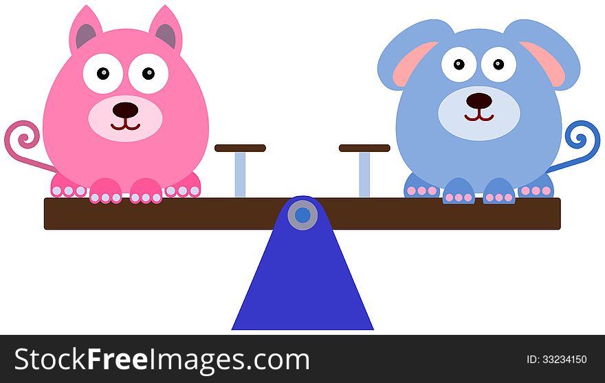 A cute illustration of a dog and a cat sitting on a balanced seesaw. A cute illustration of a dog and a cat sitting on a balanced seesaw