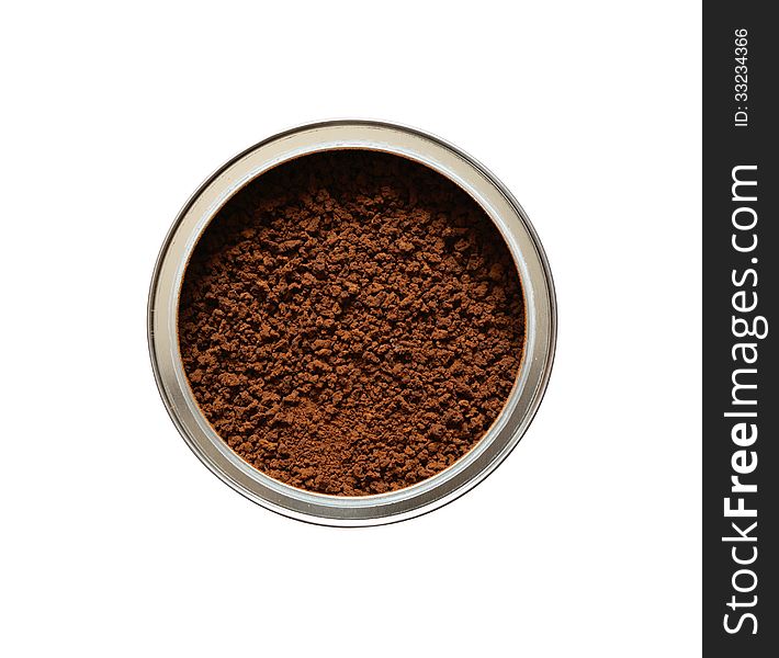 Closeup of can full of instant coffee on white background. Clipping path is included