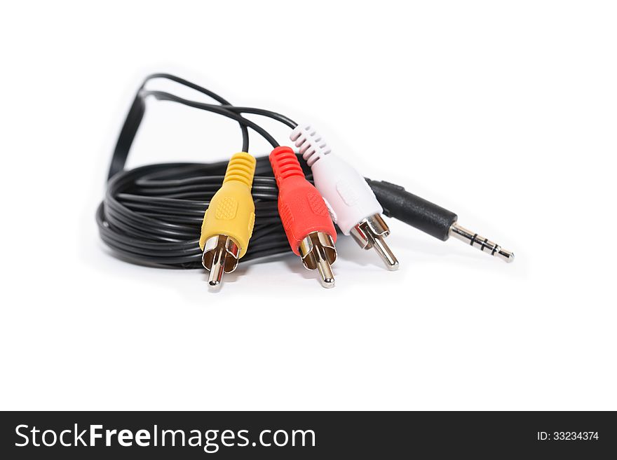 Black cable with set of color patchplugs on white background