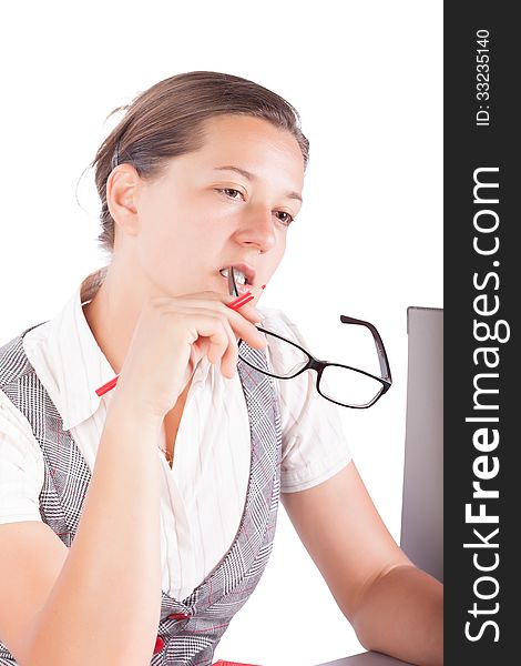 Pretty business woman in thought isolated white background