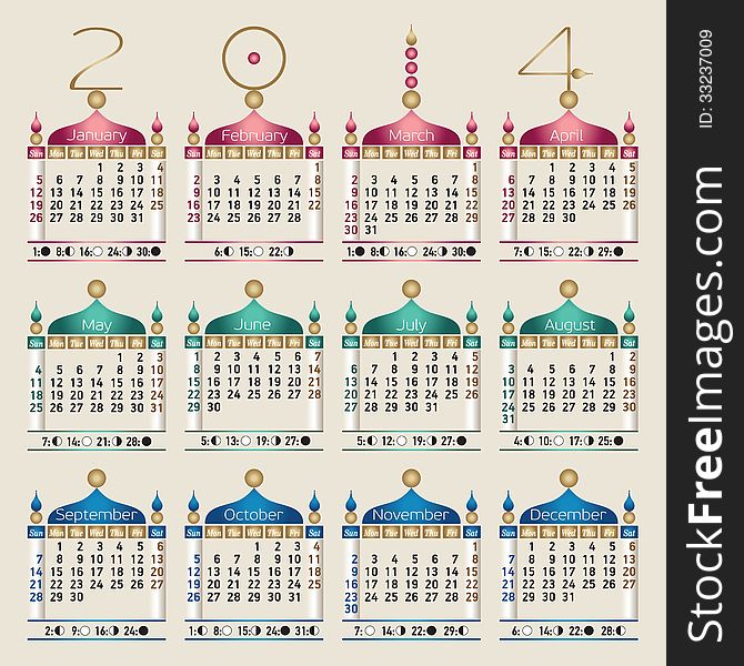 A colorful, oriental style calendar for 2014. Sundays first, moon phases included. A colorful, oriental style calendar for 2014. Sundays first, moon phases included.