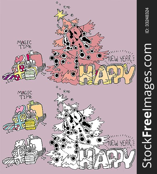 Christmas card, coloring book. Christmas tree and gifts boxes. Christmas card, coloring book. Christmas tree and gifts boxes