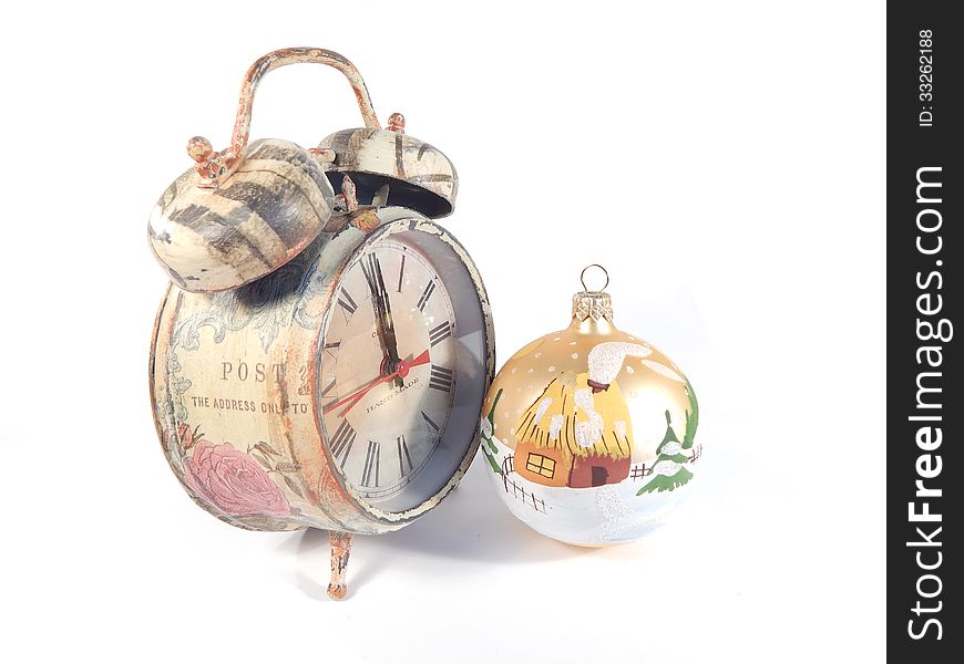 Alarm clock shows the time to celebrate Christmas, New Year, watches made ​​by hands, decoupage. Alarm clock shows the time to celebrate Christmas, New Year, watches made ​​by hands, decoupage