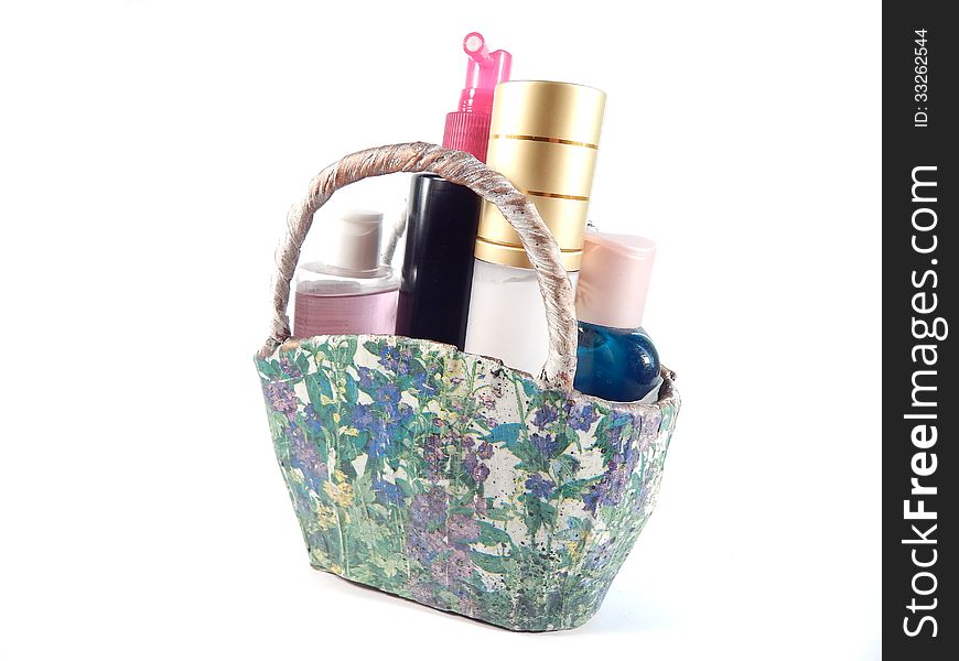 Natural cosmetics, abstraction, bag is made by hands, decoupage