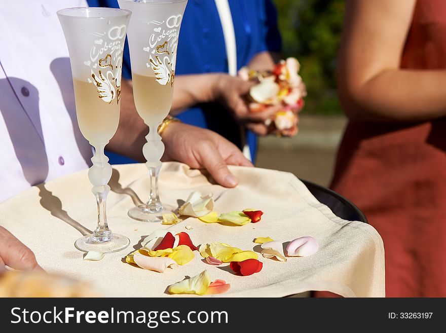 Wedding champagne glasses on tray