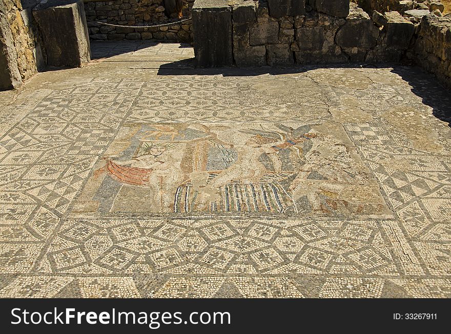 A Roman Mosaic in the ancient city of Volubilis in Morocco.