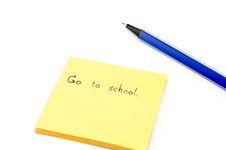 Go To School Word On Orange Post It With Blue Pen Isolated On Wh Royalty Free Stock Image