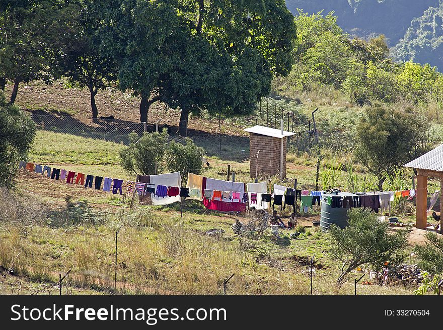 Laundry drying in an African village