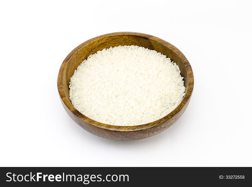 Rice On Wood Bowl Isolated On White