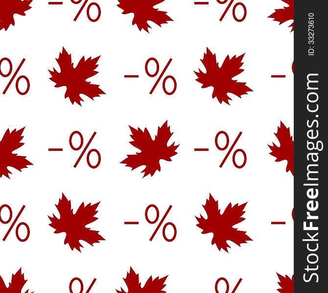 Seamless backdrop with red percent symbols and maple leaves on white background. Autumn sale offer. Vector illustration. Seamless backdrop with red percent symbols and maple leaves on white background. Autumn sale offer. Vector illustration.