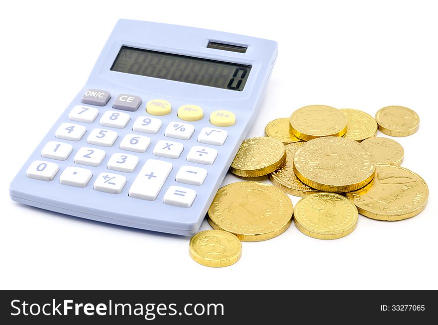 Calculator and coin isolated on white background